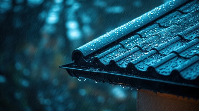 Dark, wet roof tiles during a storm.  Water droplets cling to the edges of the roof - Powered by Adobe