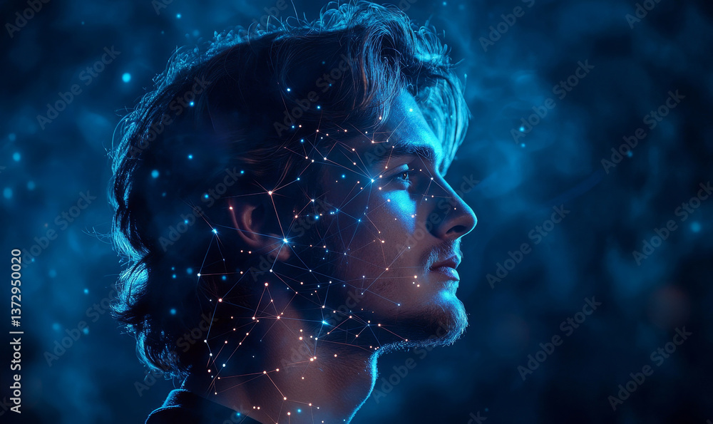 Poster profile view of a man with glowing network overlay against a dark blue abstract background