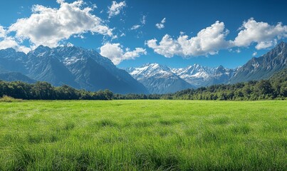 Expansive green field leading to snow capped mountains under a partly cloudy blue sky landscape view