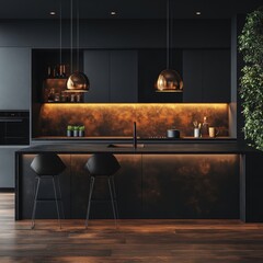 A modern kitchen with dark cabinets copper pendant lights and wooden floor creating a warm ambiance