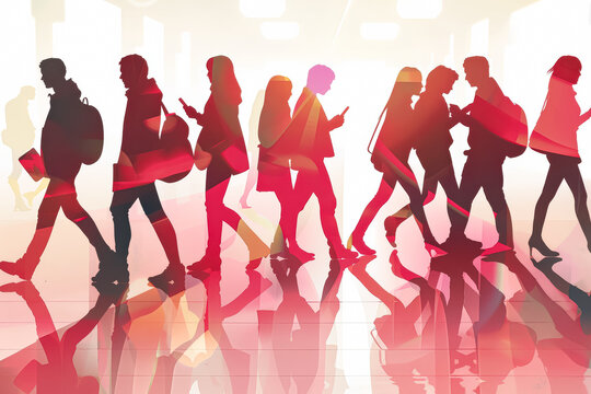 Group of people walking down a street with their cell phones in hand. Concept of modern urban life and the prevalence of technology in our daily routines