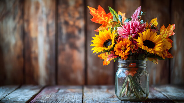 A cozy autumn bouquet with sunflowers, dahlias, and colorful maple leaves arranged in a vintage mason jar on a wooden table.