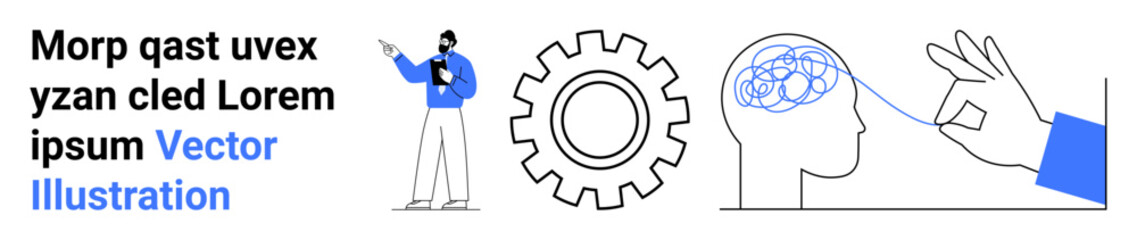 Man pointing at clipboard, gear icon symbolizing mechanism, hand untangling line in brain for clarity. Ideal for innovation, teamwork, analysis, creativity, mental health, learning simple landing