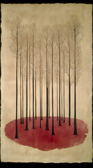 Trees without leaves rise from a red base on beige paper Depicts an abstract forest landscape long trunks reaching sky