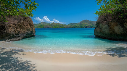Fototapeta premium Tropical beach with turquoise water white sand and lush green hills in the background framed by rocks with greenery