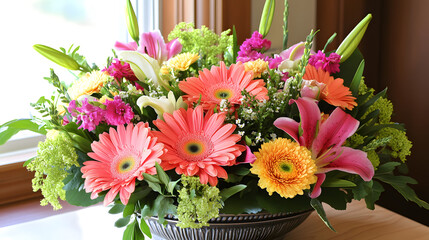 Fototapeta premium A delicate and colorful summer bouquet featuring gerbera daisies, lilies, and peonies, adding a fresh touch to any home.