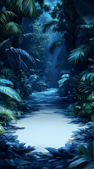 Tropical forest path bathed in ethereal light dense foliage surrounding the trail in the night calming hues of blues a