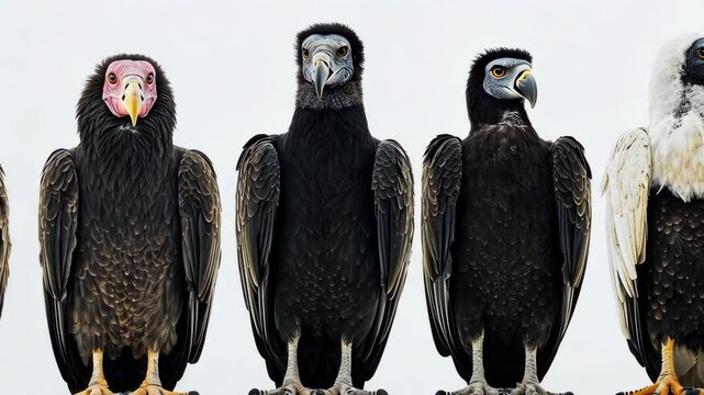 Various species of vultures perched in a row against a light background showcasing their unique features and colors