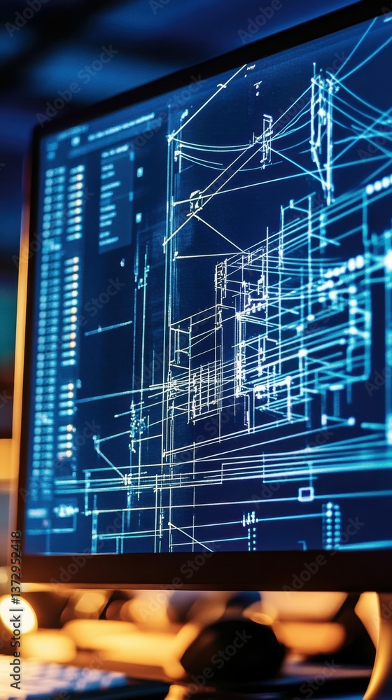 Poster a computer exhibiting a cad electrical project with a power grid design.