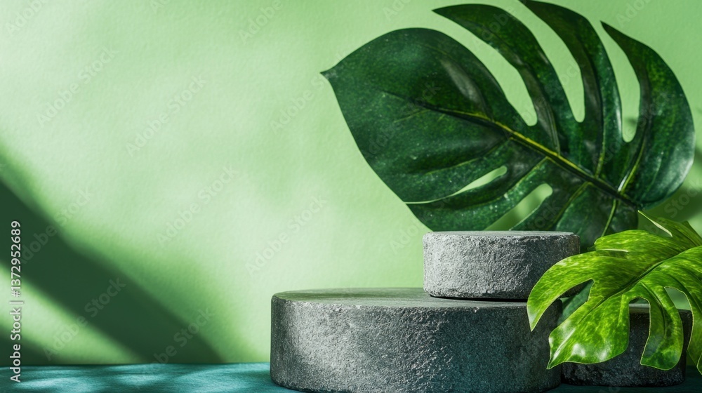Poster a copy space image showcasing an empty gray stone podium against a green background with a tropical 