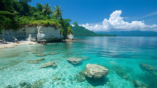 Turquoise sea meets lush green island under sunny blue skies Clear water reveals rocks below A serene tropical paradis