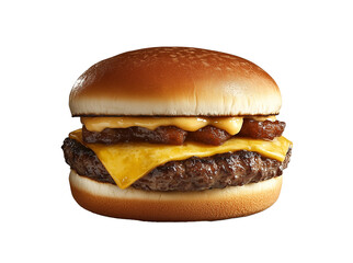 A delicious cheese burger with caramelized onions on a toasted bun