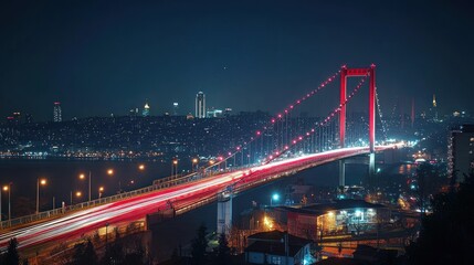 Naklejka premium Illuminated Bridge at Night with Car Light Trails and Cityscape