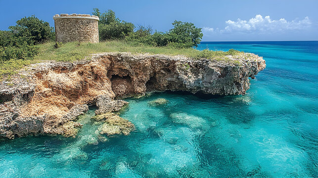 Turquoise water laps against a rocky shore with a stone tower green foliage  clear blue sky creating a serene seascap
