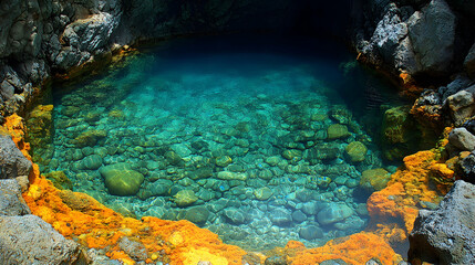 Fototapeta premium Turquoise water pool nestled amidst rocky cliffs Yellow moss on rocks A dark area at the top of the pool hints to unde