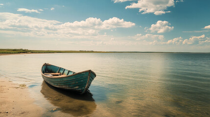 Naklejka premium A rustic fisherman's boat is anchored close to the shoreline, surrounded by calm waters reflecting a blue sky. The background features a serene landscape under soft clouds.