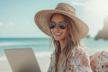 Smiling Woman with Laptop by the Sea
