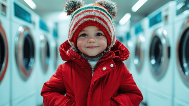 A joyful young child confidently poses in a bright red coat at a laundromat, embodying innocence and playfulness amidst the backdrop of washing machines.