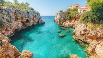 Turquoise waters flow between rocky cliffs with trees and buildings perched above on a clear day Calm and serene sea v