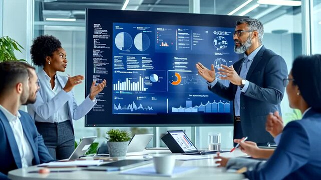 Business professionals engaged in a data presentation meeting with visual analytics displayed on a screen