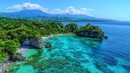 Turquoise waters meet lush cliffs and a mountain backdrop Boats sit on a pebble beach Clear blue sky with scattered cl