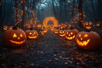 Illuminated pumpkins line enchanted autumn forest path