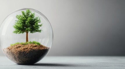 A lush green tree growing inside a clear glass sphere symbolizes nature's resilience and beauty, showcasing the importance of environmental conservation and harmony with nature.