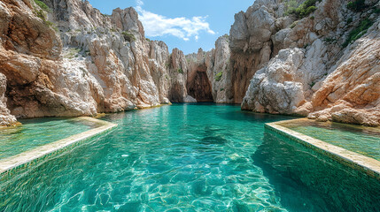 Obraz premium Turquoise waters nestle between rocky cliffs under a bright sky A tranquil and inviting scene unfolds