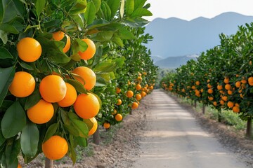 Orange orchard with ripe fruits along a dirt road  