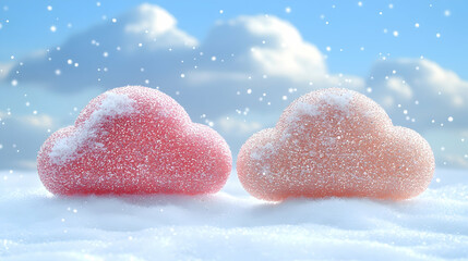 Fototapeta premium Two cloud-shaped sweets rest on a snow-covered surface with more snow falling against a cloudy sky creating a whimsica