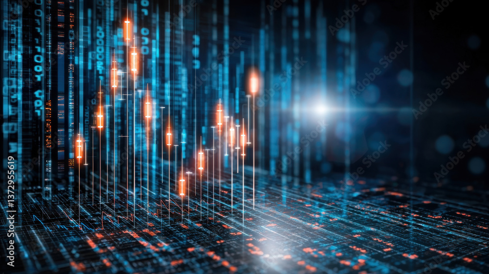 Fototapete abstract digital data stream glowing lines and numbers in blue and orange