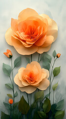 Two peach paper flowers with leaves and buds arranged against a light background showing soft hues and textured petals