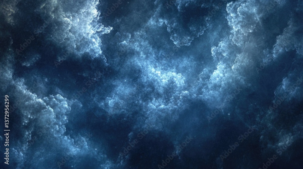 Wall mural nebulous clouds swirl in a cosmic display of deep blues and silvery whites above a darkened space ba
