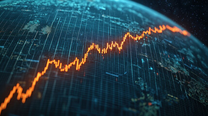 glowing orange line graph curves across digital globe, symbolizing global economic trends and data analysis