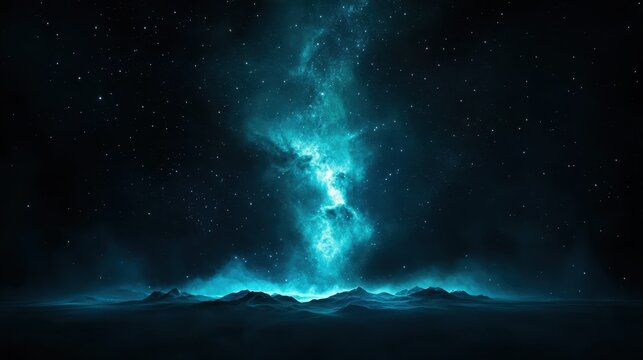 An enchanting and mysterious cosmic landscape characterized by an ethereal blue glow against a star-filled sky, inviting viewers to explore unfamiliar depths of imagination.