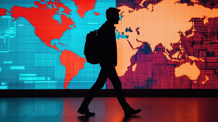 silhouette of person with backpack walks past vibrant digital world map display, evoking sense of global exploration