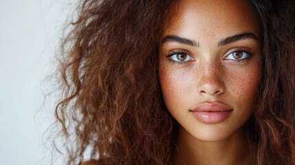 Obraz premium An enchanting close-up portrait of a girl with freckles and curly hair, encapsulating natural beauty and warmth, inviting viewers to connect emotionally with her gaze.