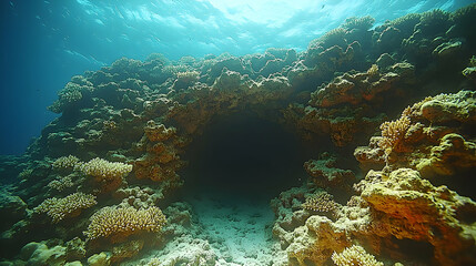 Obraz premium Underwater cave framed by vibrant corals a tunnel leading to unseen depths in a blue ocean environment