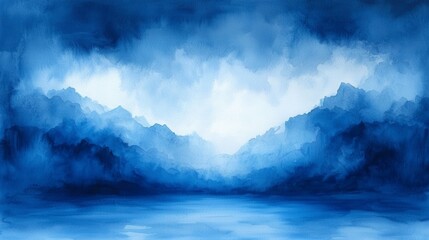 Obraz premium Serene Blue Sky with Fluffy White Clouds Over Majestic Mountains and Tranquil Water Reflection