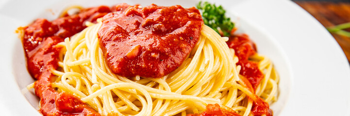 Spaghetti bolognese pasta tomato sauce tasty fresh delicious gourmet food background table rustic...
