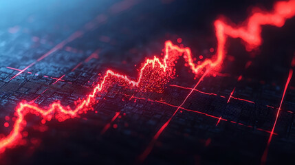 glowing red line chart displays fluctuating trend on digital grid, symbolizing economic volatility