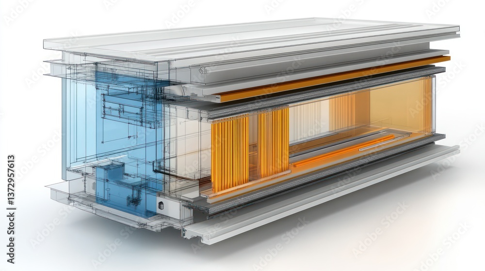 Poster detailed cutaway view of a modular, multi-compartment enclosure. components are highlighted in trans