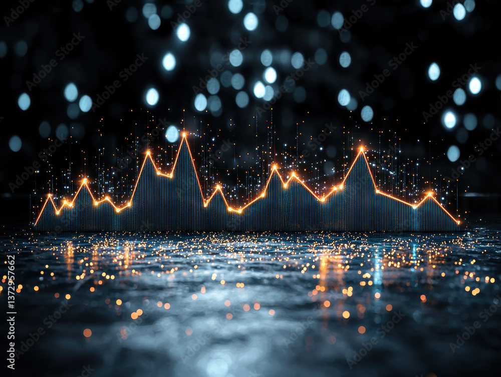 Poster glowing abstract bar graph on dark reflective surface