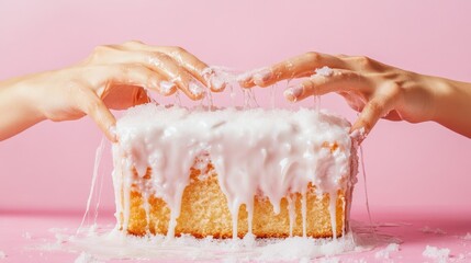 Close-up of hands reaching for a frosted pound cake on a pastel pink background. A playful and tempting concept of indulgent dessert moments