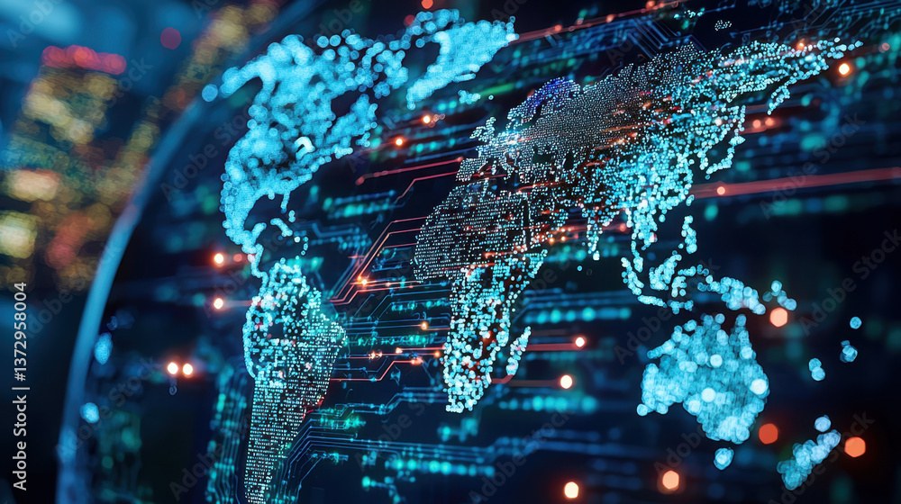 Poster glowing digital world map abstract blue and teal data streams on dark background