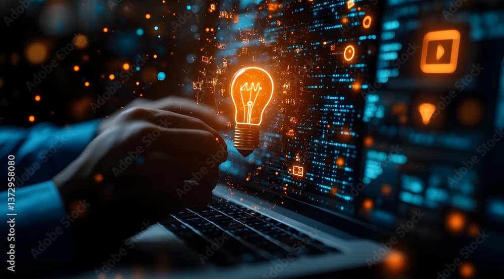 Poster illuminating the world with digital innovation, a person's hands interact with a laptop, highlightin