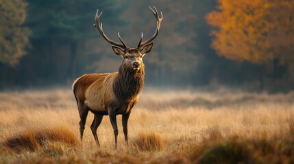 Majestic red deer stag standing proudly in an autumnal meadow bathed in soft golden light.