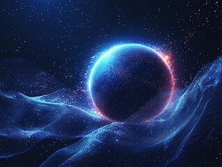 A globe composed of glowing dots against a deep blue starry background, with blue lines undulating around it, symbolizing global digital networks and cosmic connectivity.