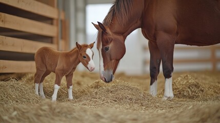 A tender moment between a mare and her foal in a cozy barn setting, capturing the warmth of maternal bonds and the beauty of young horses in a serene environment.