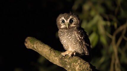 Fototapeta premium A sharp-eyed owl perched on a tree branch against a dark background, exuding a sense of mystery and wisdom